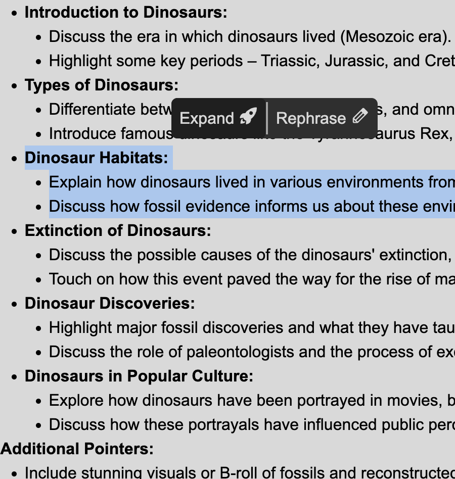 Screenshot of the Expand/Rephrase functionality